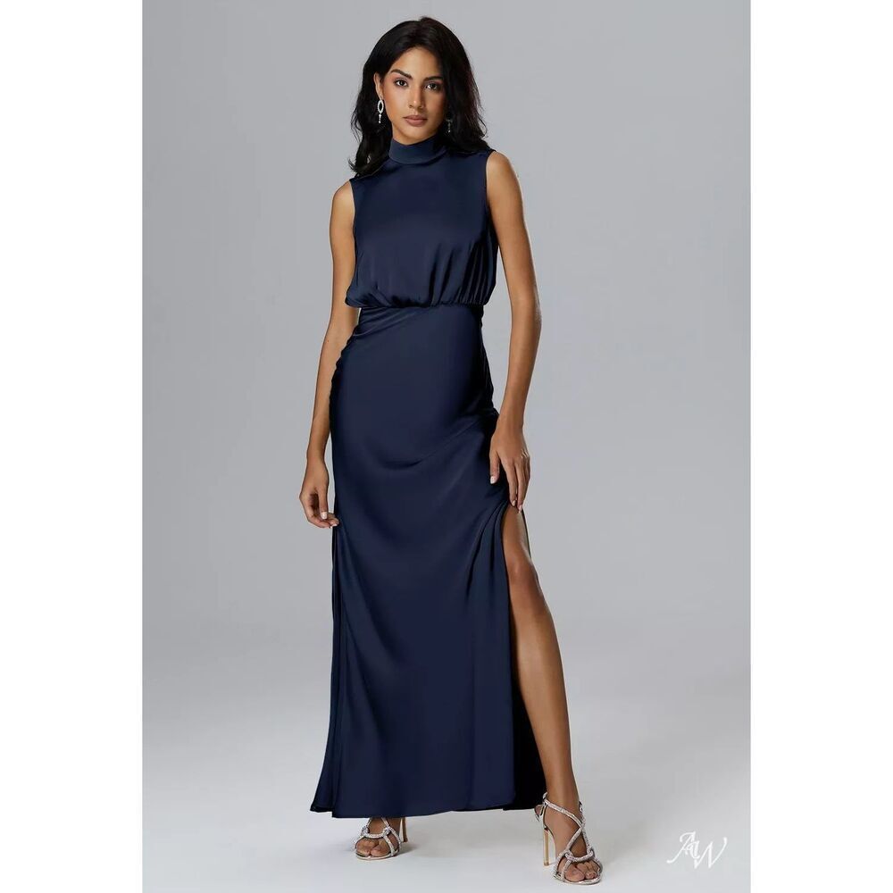 AW Bridal MaryJo Satin Charmeuse Navy A-Line Formal Bridesmaid Dress Size 12